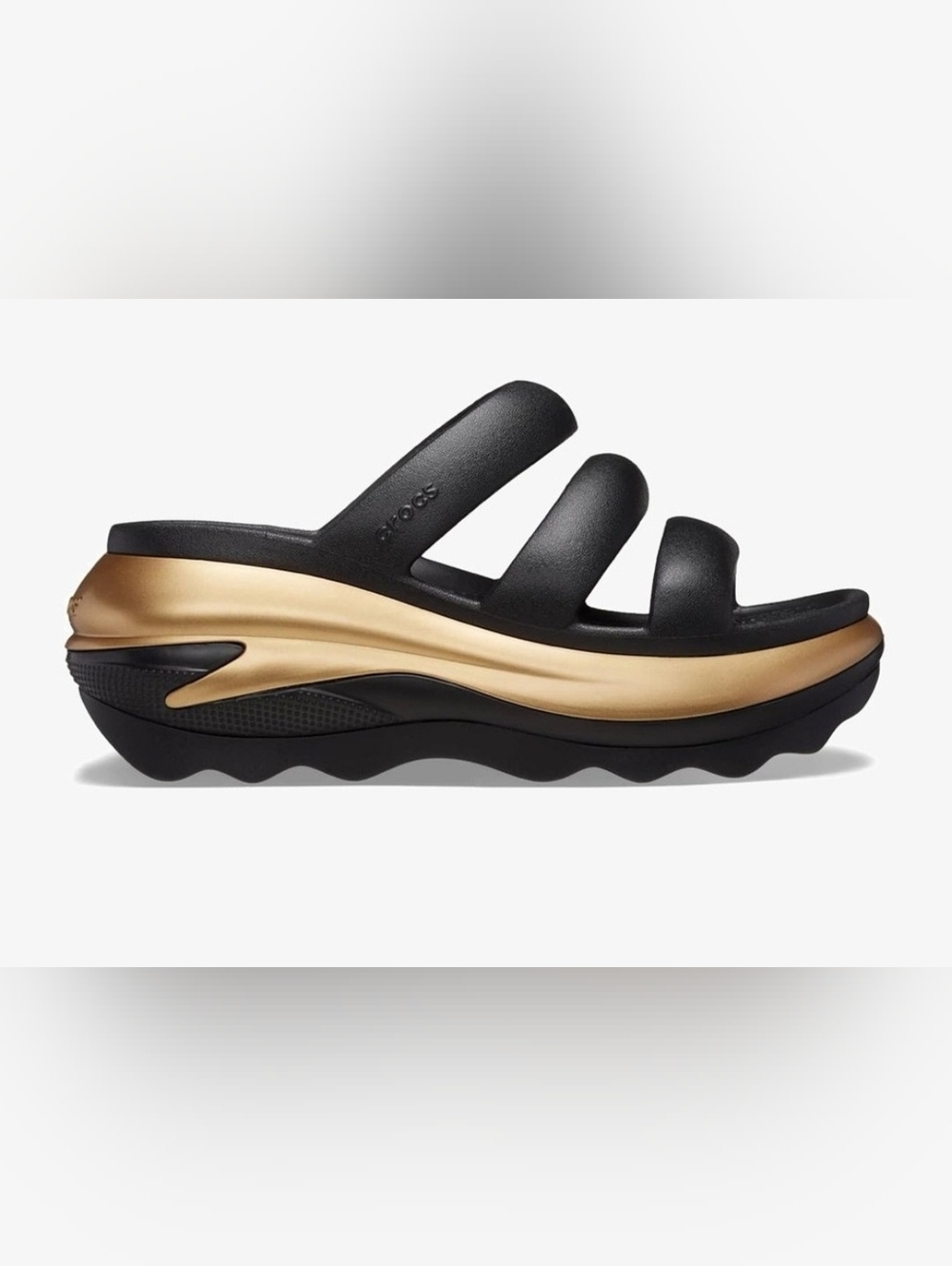 Size 8 - 🆕️ CROCS Mega Crush Black and Gold Triple-Strap Platform Sandals